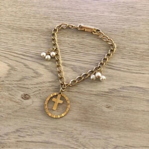 Vintage Gold Tone Cross Faux Pearl Brace
